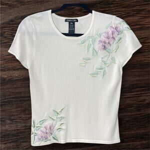 Dolce Cabo Petite Medium White Knit Blouse 3D Floral Appliqué & Embroidery